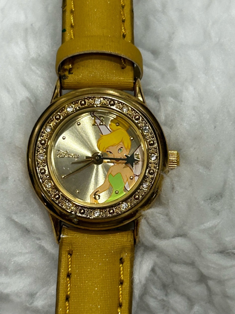Disney‎ Tinker Bell Watch Gold Tone Rhinestone Bezel Working Yellow Band